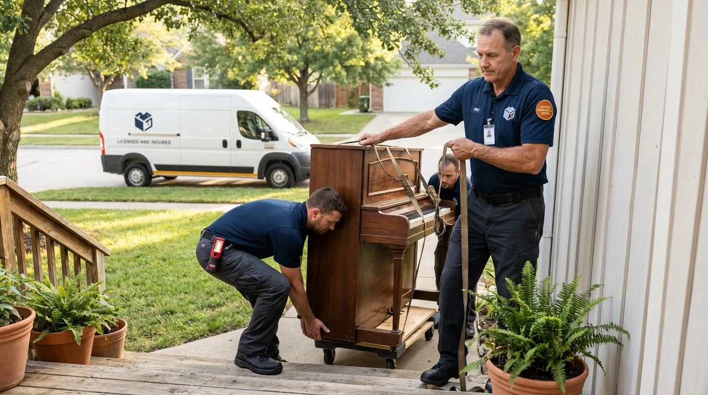Licensed piano movers securing grand piano in Gibbstown, NJ